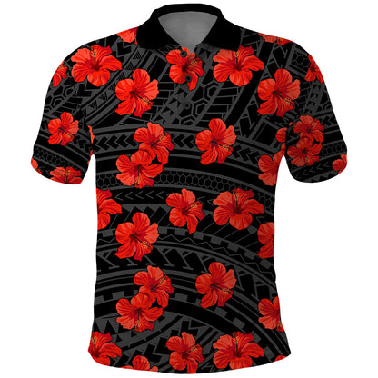 Polynesian Hawaii Style With Hibiscus Polo Shirt Black