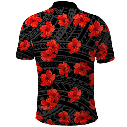 Polynesian Hawaii Style With Hibiscus Polo Shirt Black