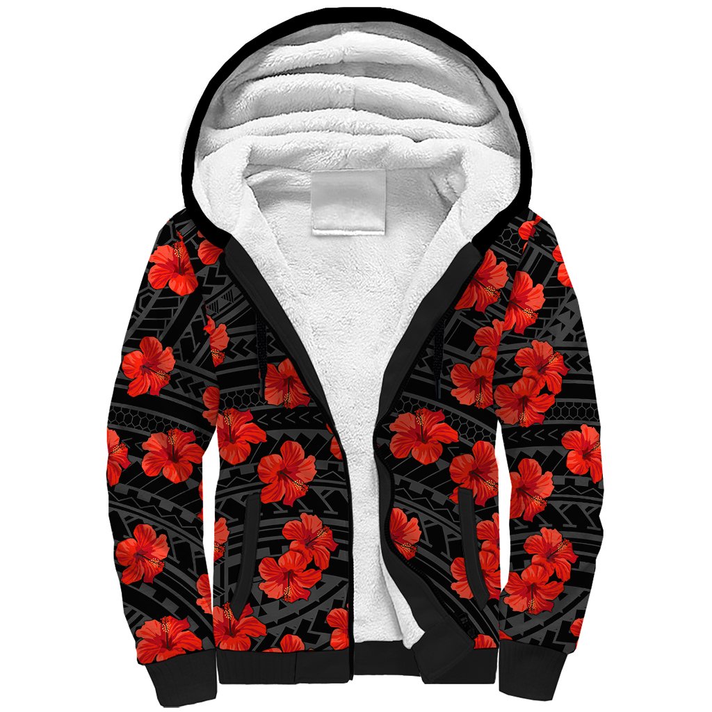 Polynesian Hawaii Style With Hibiscus Sherpa Hoodie Black