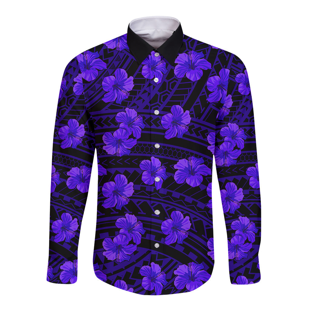 Polynesian Hawaii Style With Hibiscus Long Sleeve Button Shirt Blue