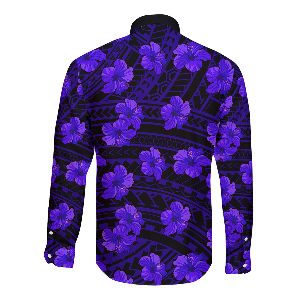 Polynesian Hawaii Style With Hibiscus Long Sleeve Button Shirt Blue