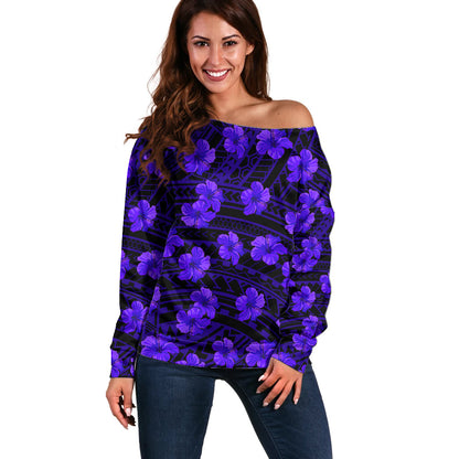 Polynesian Hawaii Style With Hibiscus Off Shoulder Sweater Blue