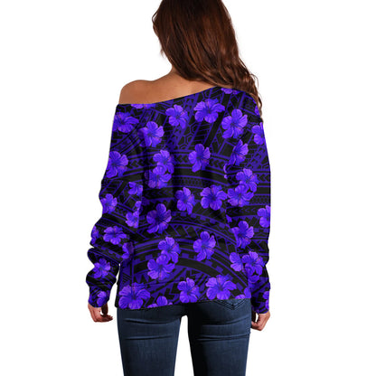 Polynesian Hawaii Style With Hibiscus Off Shoulder Sweater Blue