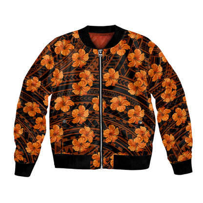Polynesian Hawaii Style With Hibiscus Bomber Jacket Gold