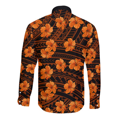 Polynesian Hawaii Style With Hibiscus Long Sleeve Button Shirt Gold