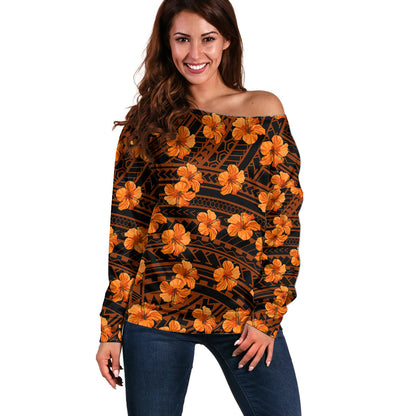Polynesian Hawaii Style With Hibiscus Off Shoulder Sweater Gold