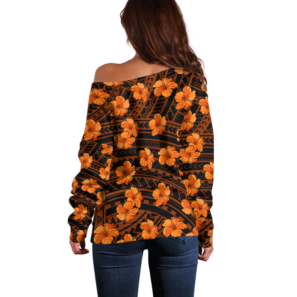 Polynesian Hawaii Style With Hibiscus Off Shoulder Sweater Gold