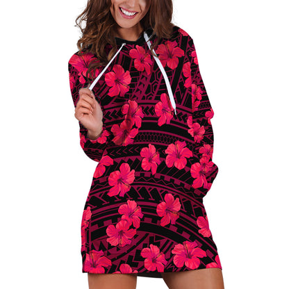 Polynesian Hawaii Style With Hibiscus Hoodie Dress Pink