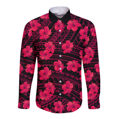 Polynesian Hawaii Style With Hibiscus Long Sleeve Button Shirt Pink
