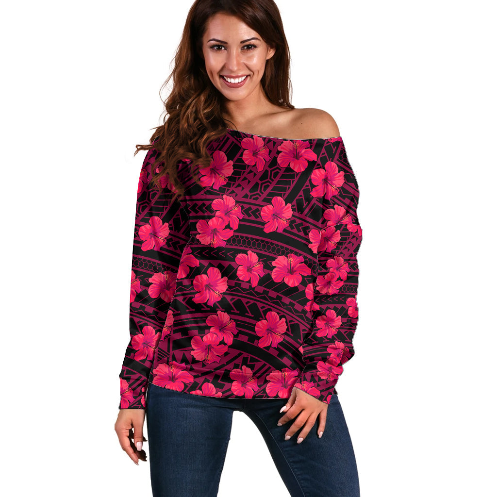 Polynesian Hawaii Style With Hibiscus Off Shoulder Sweater Pink