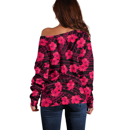 Polynesian Hawaii Style With Hibiscus Off Shoulder Sweater Pink