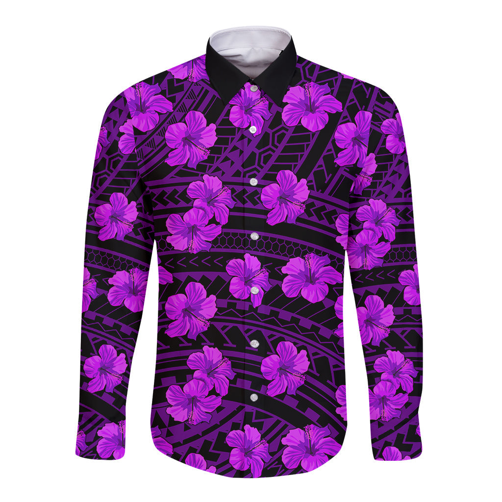 Polynesian Hawaii Style With Hibiscus Long Sleeve Button Shirt Purple