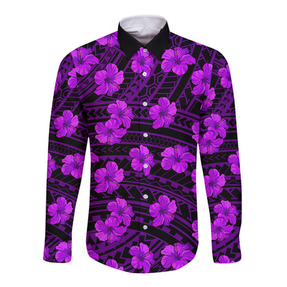 Polynesian Hawaii Style With Hibiscus Long Sleeve Button Shirt Purple