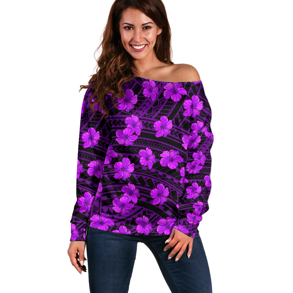 Polynesian Hawaii Style With Hibiscus Off Shoulder Sweater Purple