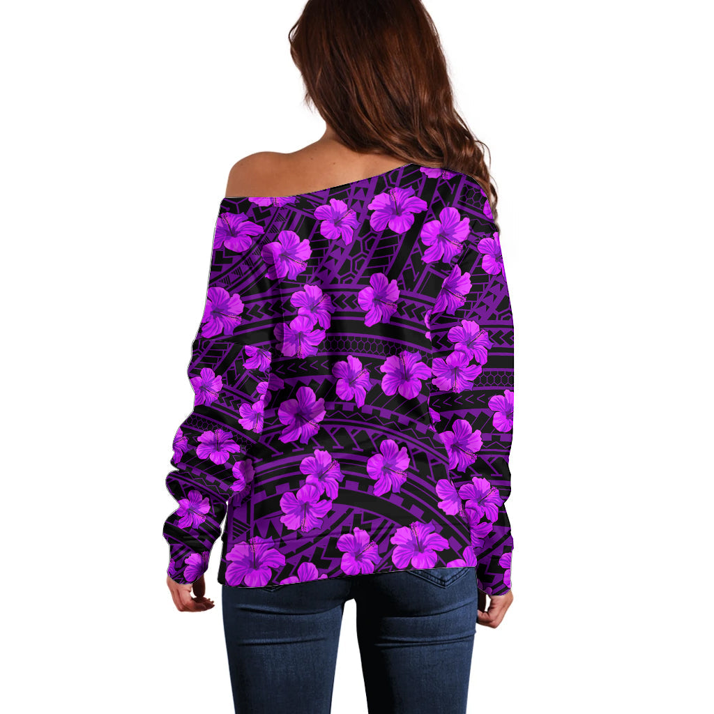 Polynesian Hawaii Style With Hibiscus Off Shoulder Sweater Purple