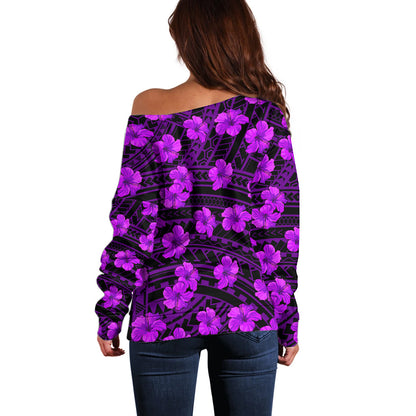 Polynesian Hawaii Style With Hibiscus Off Shoulder Sweater Purple