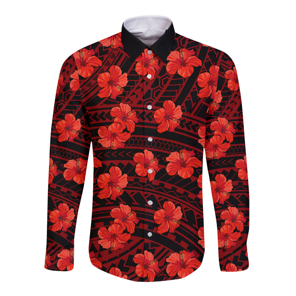 Polynesian Hawaii Style With Hibiscus Long Sleeve Button Shirt Red