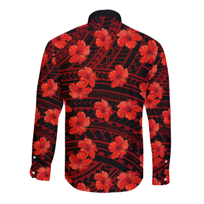 Polynesian Hawaii Style With Hibiscus Long Sleeve Button Shirt Red