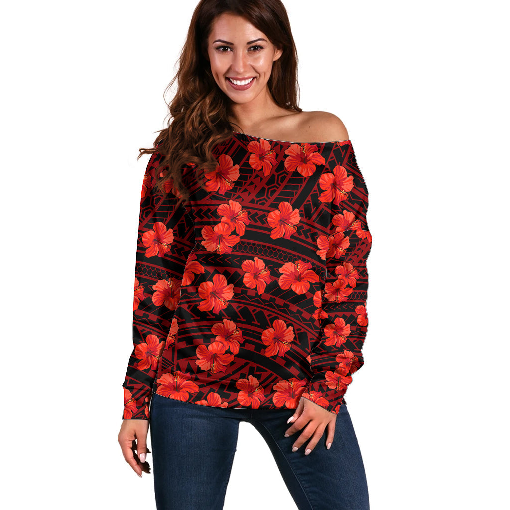 Polynesian Hawaii Style With Hibiscus Off Shoulder Sweater Red
