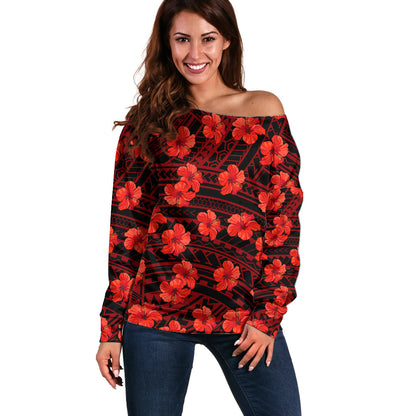 Polynesian Hawaii Style With Hibiscus Off Shoulder Sweater Red