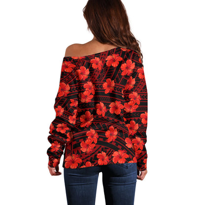 Polynesian Hawaii Style With Hibiscus Off Shoulder Sweater Red