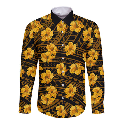 Polynesian Hawaii Style With Hibiscus Long Sleeve Button Shirt Yellow