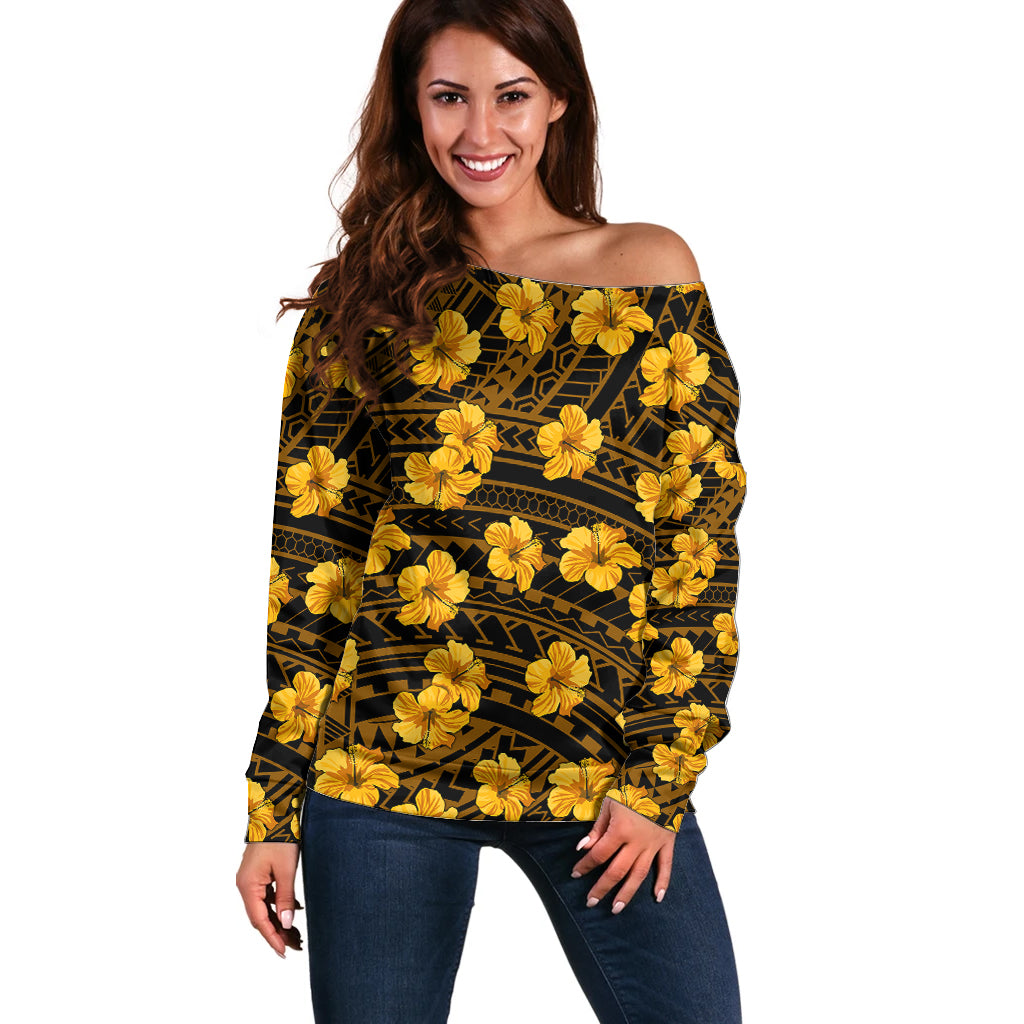 Polynesian Hawaii Style With Hibiscus Off Shoulder Sweater Yellow