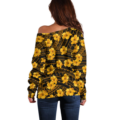Polynesian Hawaii Style With Hibiscus Off Shoulder Sweater Yellow