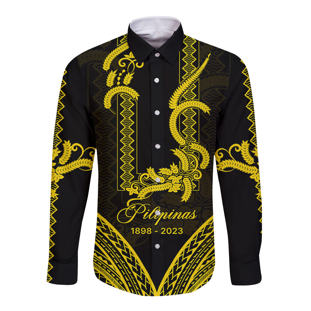Personalised Philippines Independence Day Long Sleeve Button Shirt Pechera With Side Barong Patterns