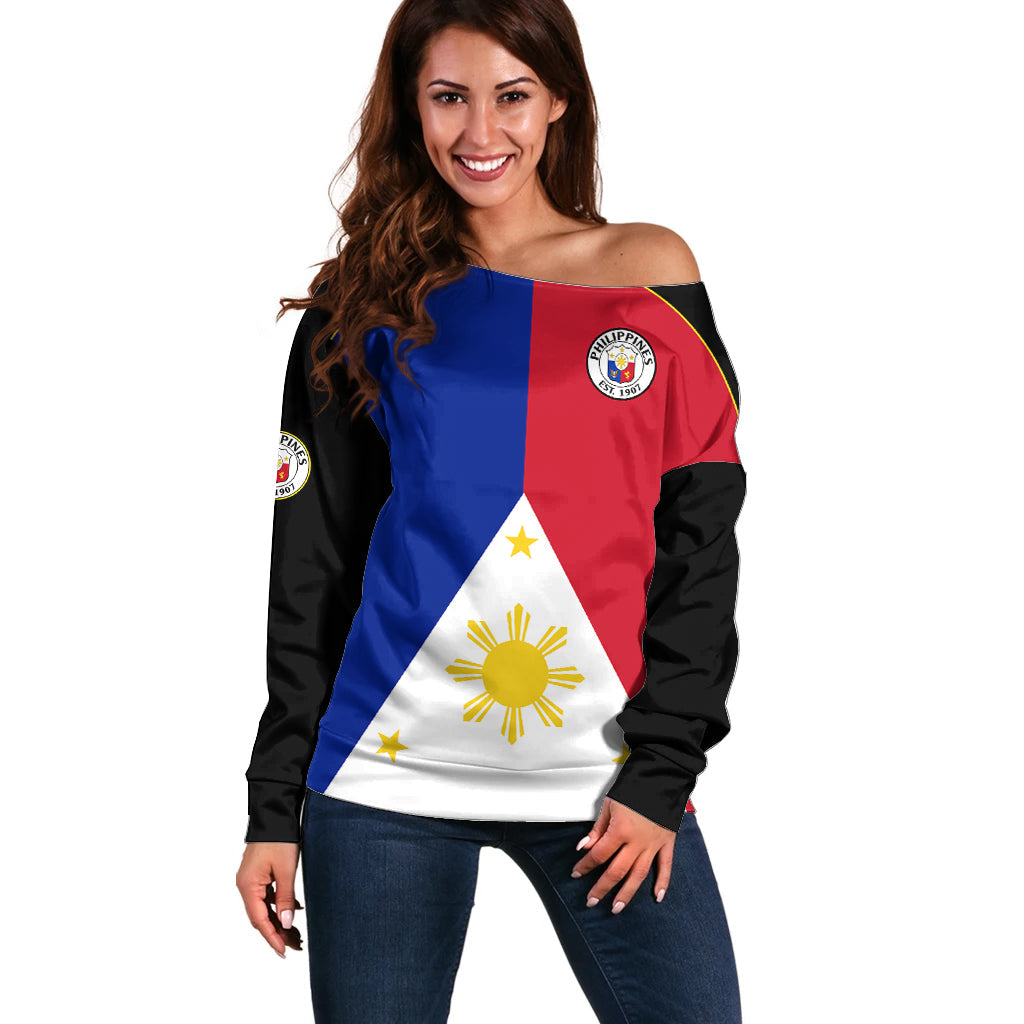 Philippines Concept Home Football Off Shoulder Sweater Pilipinas Flag Black Style 2023