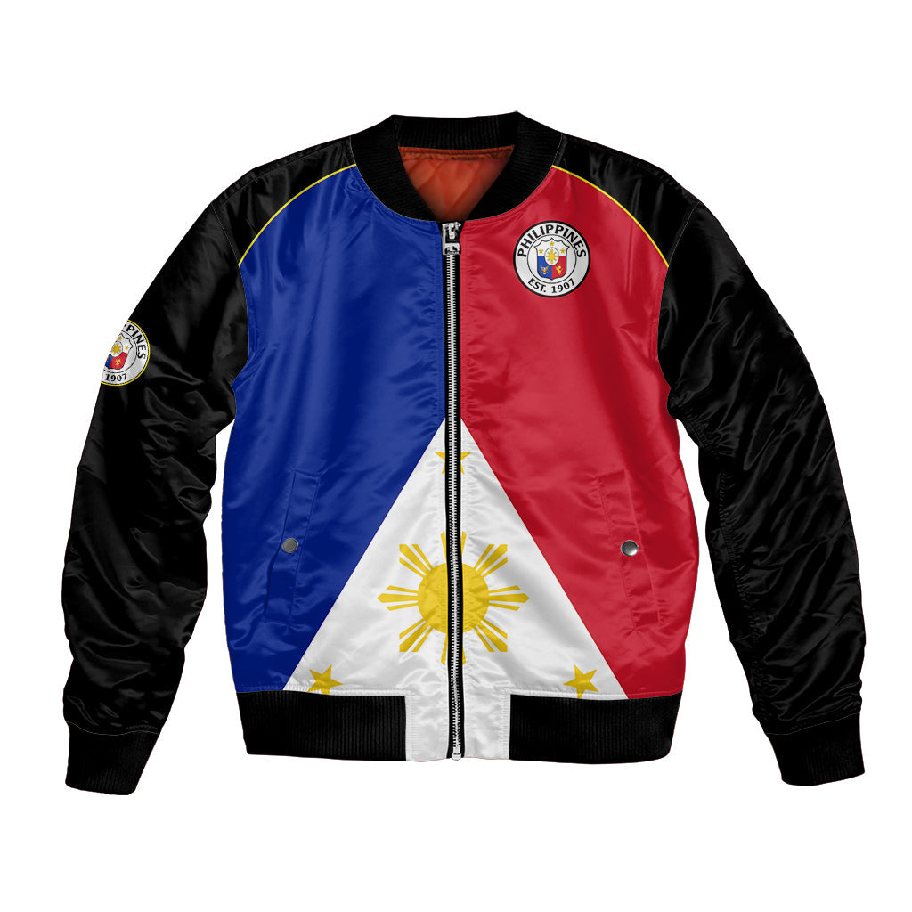 (Custom Text And Number) Philippines Concept Home Football Bomber Jacket Pilipinas Flag Black Style 2023