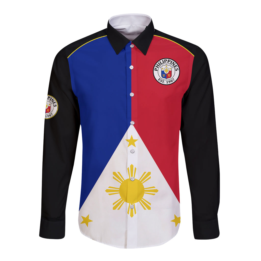 (Custom Text And Number) Philippines Concept Home Football Long Sleeve Button Shirt Pilipinas Flag Black Style 2023