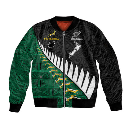 Custom South Africa and Aotearoa Rugby Sleeve Zip Bomber Jacket Springboks Black Fern Maori Vibe