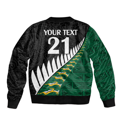 Custom South Africa and Aotearoa Rugby Sleeve Zip Bomber Jacket Springboks Black Fern Maori Vibe