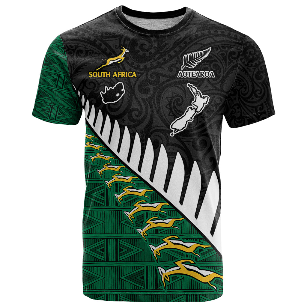 Custom South Africa and Aotearoa Rugby T Shirt Springboks Black Fern Maori Vibe