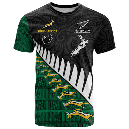 Custom South Africa and Aotearoa Rugby T Shirt Springboks Black Fern Maori Vibe