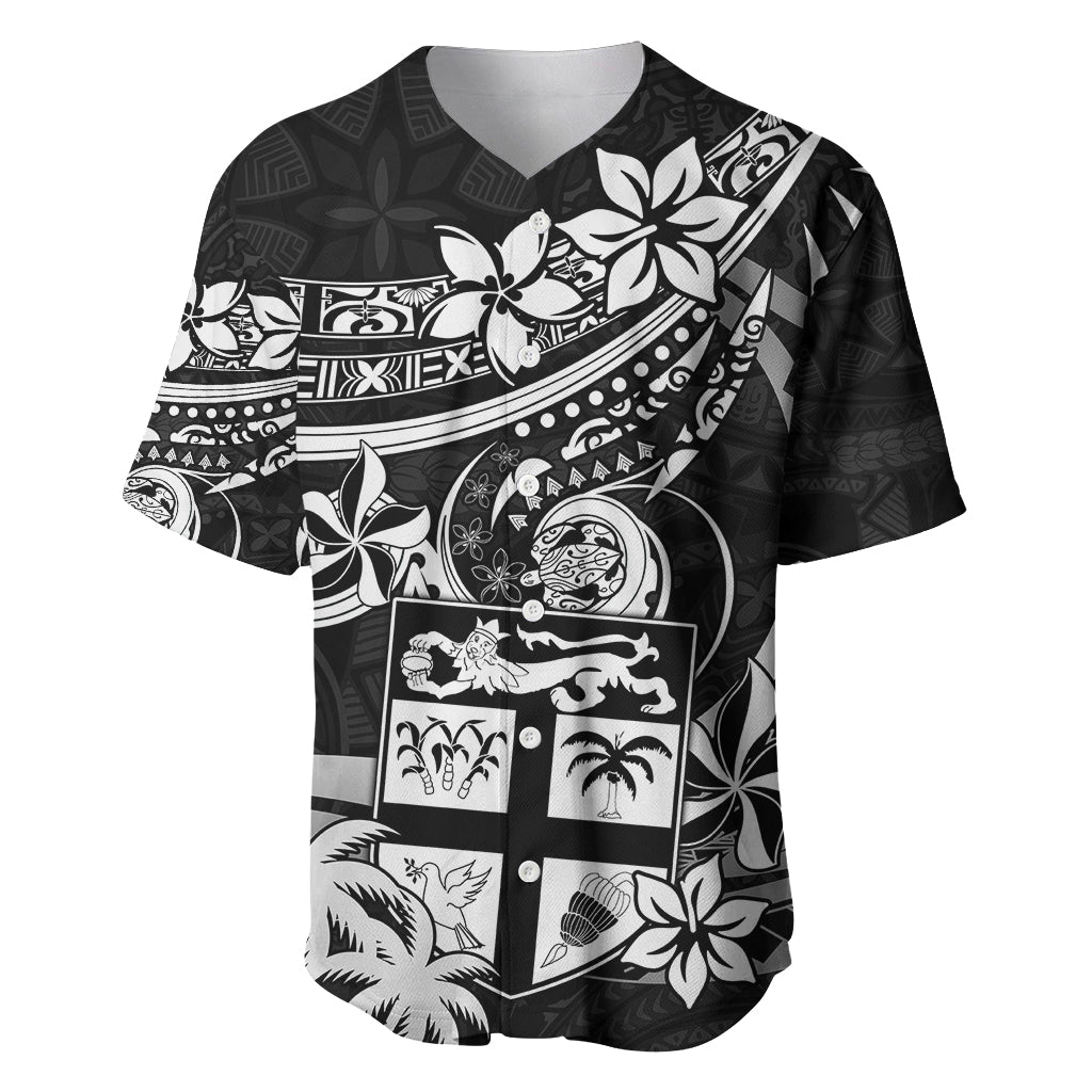 Fiji Islands Baseball Jersey Coat of Arms Fijian Flower Polynesian Pattern Black