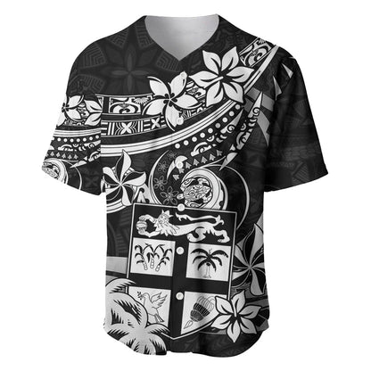 Fiji Islands Baseball Jersey Coat of Arms Fijian Flower Polynesian Pattern Black