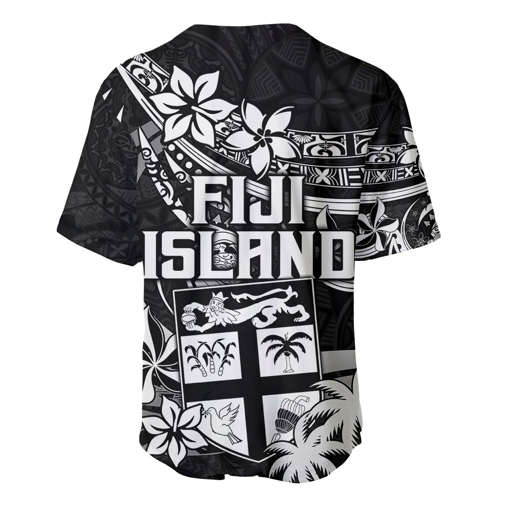 Fiji Islands Baseball Jersey Coat of Arms Fijian Flower Polynesian Pattern Black
