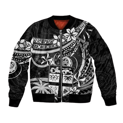 Fiji Islands Bomber Jacket Coat of Arms Fijian Flower Polynesian Pattern Black
