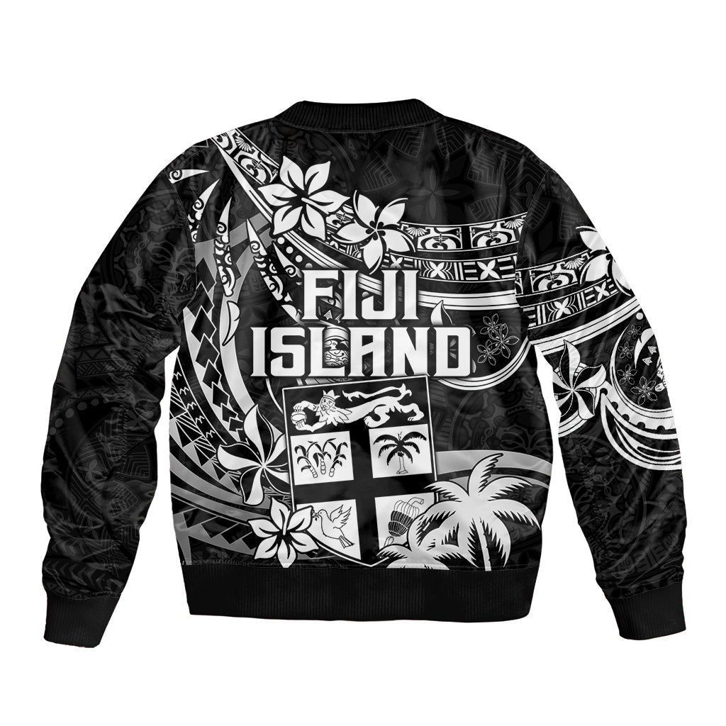 Fiji Islands Bomber Jacket Coat of Arms Fijian Flower Polynesian Pattern Black