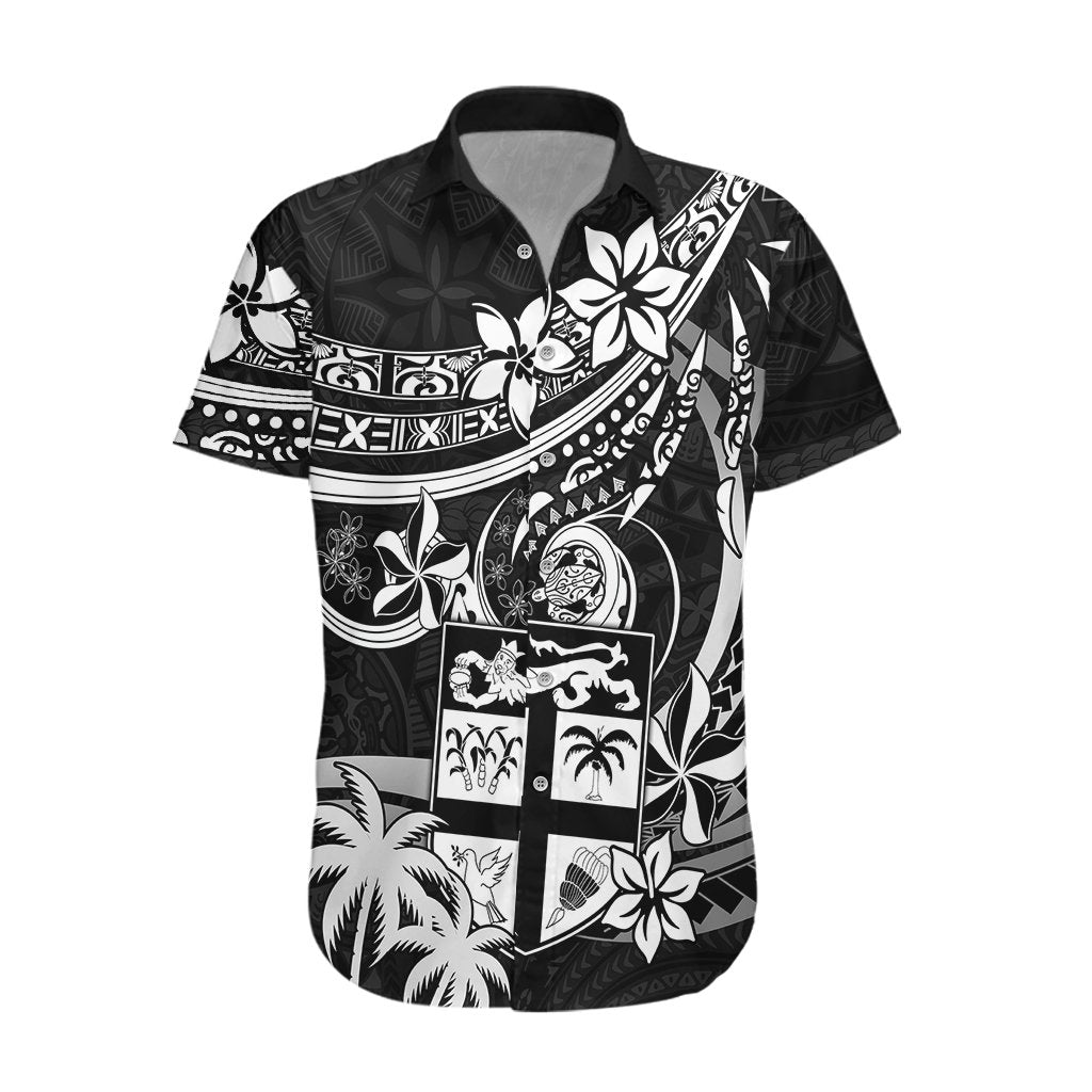 Fiji Islands Hawaiian Shirt Coat of Arms Fijian Flower Polynesian Pattern - Black