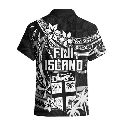 Fiji Islands Hawaiian Shirt Coat of Arms Fijian Flower Polynesian Pattern - Black