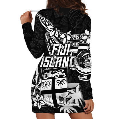 Fiji Islands Hoodie Dress Coat of Arms Fijian Flower Polynesian Pattern Black