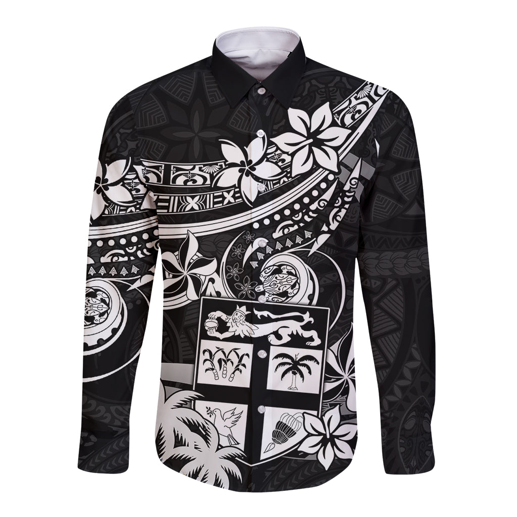 Fiji Islands Long Sleeve Button Shirt Coat of Arms Fijian Flower Polynesian Pattern Black