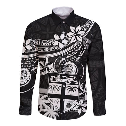 Fiji Islands Long Sleeve Button Shirt Coat of Arms Fijian Flower Polynesian Pattern Black