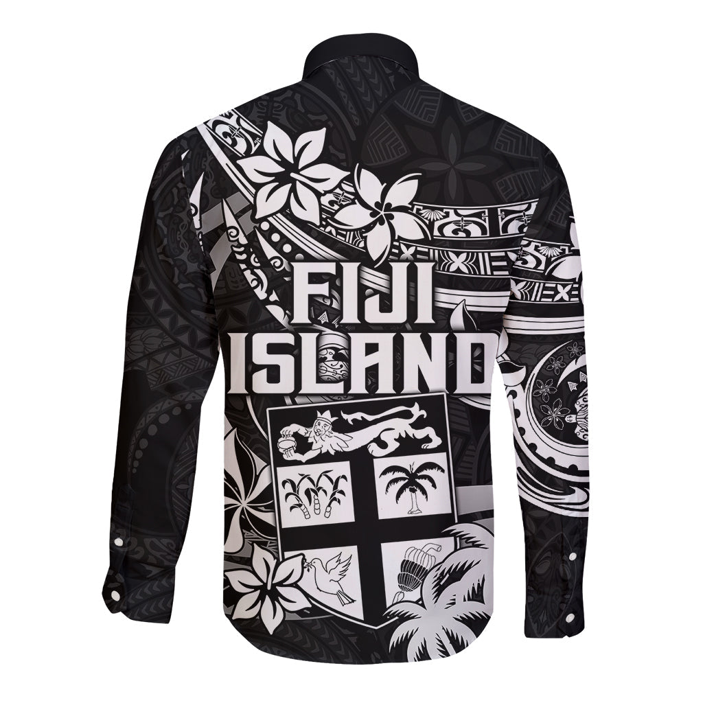 Fiji Islands Long Sleeve Button Shirt Coat of Arms Fijian Flower Polynesian Pattern Black