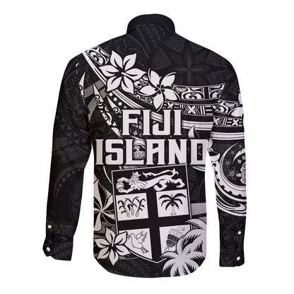 Fiji Islands Long Sleeve Button Shirt Coat of Arms Fijian Flower Polynesian Pattern Black