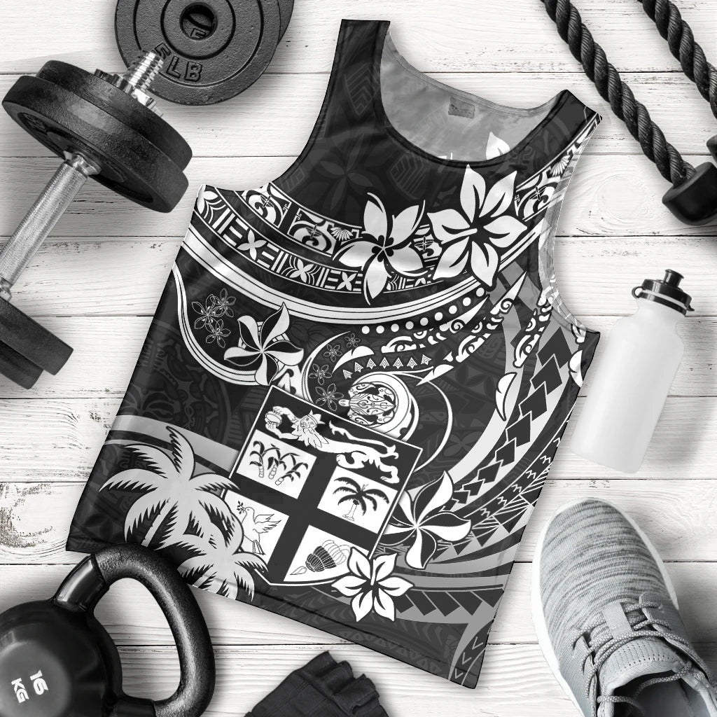 Fiji Islands Men Tank Top Coat of Arms Fijian Flower Polynesian Pattern Black