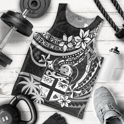 Fiji Islands Men Tank Top Coat of Arms Fijian Flower Polynesian Pattern Black